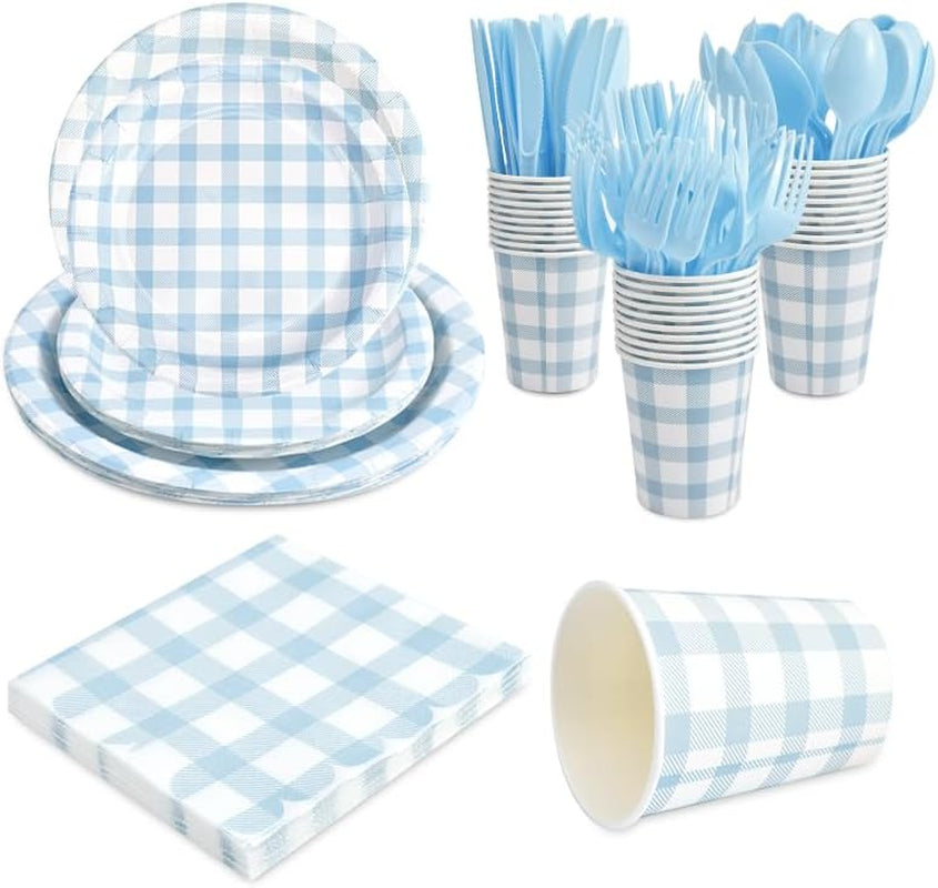 168Pcs Gingham Party Supplies for 24 Guests Thick Paper Plates and Napkins Knives Spoons Forks Cups Disposable Party Set Cutlery for Dinner Baby Shower Wedding Favor(Blue)