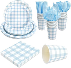 168Pcs Gingham Party Supplies for 24 Guests Thick Paper Plates and Napkins Knives Spoons Forks Cups Disposable Party Set Cutlery for Dinner Baby Shower Wedding Favor(Blue)