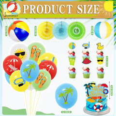 Summer Beach Party Decorations, Beach Theme Pool Birthday Party Supplies Including Birthday Banner Garland Paper Lanterns Balls Cupcake Toppers Balloons Set for Hawaiian Luau Party