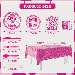 194 Pcs Cowgirl Party Decorations, Let'S Go Girls Decorations Cowgirl Theme Birthday Party Supplies Includes Cowgirl Paper Plates Napkins Cups Plastic Forks Knifes Spoons Paper Straws and Tablecloths Serve 24 Guests