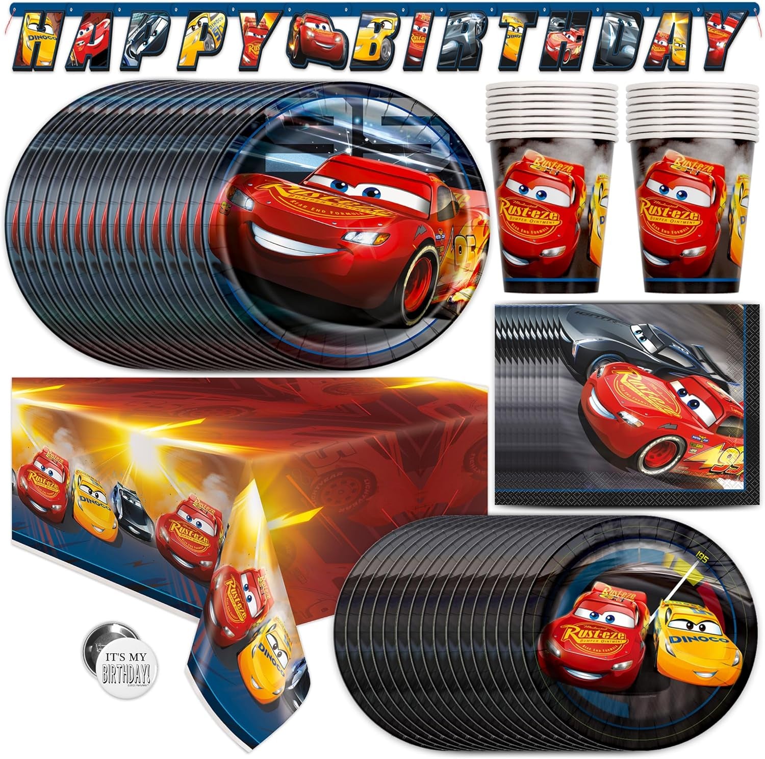 Disney Cars Birthday Decorations | Serves 16 Guests | Lightning Mcqueen Birthday Decorations Tablecloth, Banner, Plates, Napkins, Button | Officially Licensed