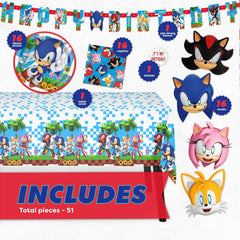 Sonic Birthday Party Decorations for 16 | Banner, Tablecloth, Plates and Napkins, Masks, Sticker | Sonic Party Decorations | Officially Licensed