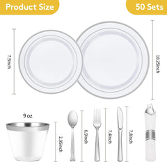 350 Piece Silver Plastic Dinnerware Set for 50 Guests, Fancy Disposable Plates for Party, Include: 50 Dinner Plates, 50 Dessert Plates, 50 Pre Rolled Napkins with Silver Silverware, 50 Cups