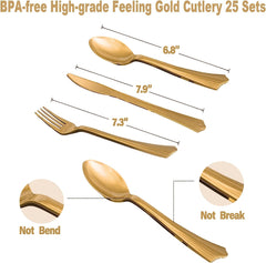 175PCS Black and Gold Party Supplies, Severs 25 Disposable Party Dinnerware Gold Plastic Forks Knives Spoons and Golden Dot Black Paper Plates Black Napkins Cups for New Years Graduation Birthday