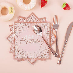 175PCS Happy Birthday Plates and Napkins Party Supplies, Paper Pink and Rose Gold Plastic Forks Knives Spoons Serve 25 Guests for Girl Women