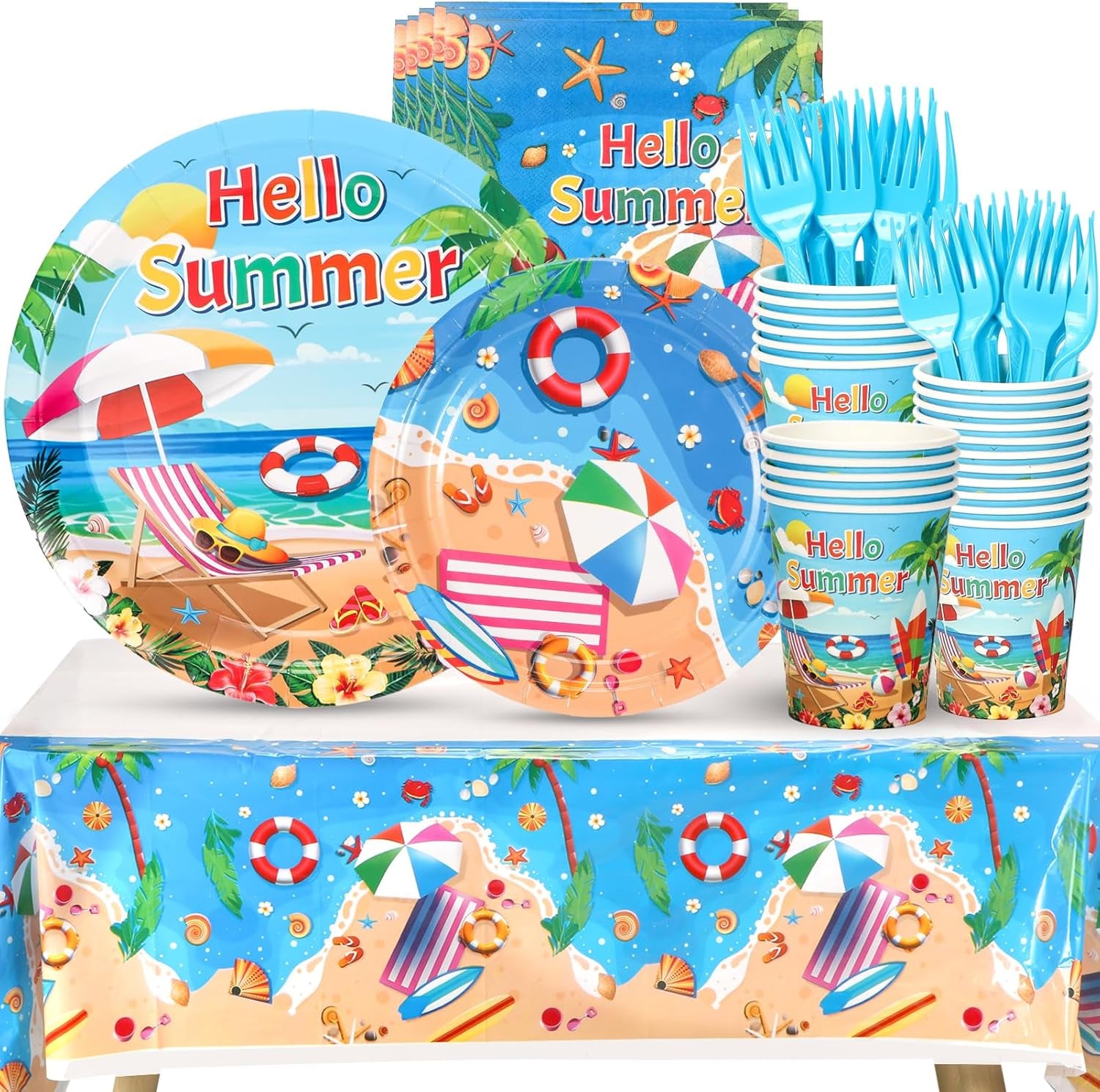 Beach Paper Plates, Beach Plates and Napkins Party Supplies, Disposable Plates, Cups, Napkins, Cutlery and Tablecloth for Hawaiian, Summer Party, Beach Birthday Party Decorations Serves 24