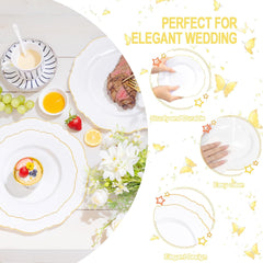30-Guest Gold Plastic Plates - Elegant Baroque Design - 10.25" & 7.5" Disposable Wedding Plates in White and Gold for Events, Weddings, and Father's Day Celebrations