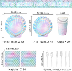 144 Pcs Mermaid Party Supplies Mermaid Birthday Decorations Includes Plates Napkins Cups Cutlery for under the Sea Party Decorations, Serve 24