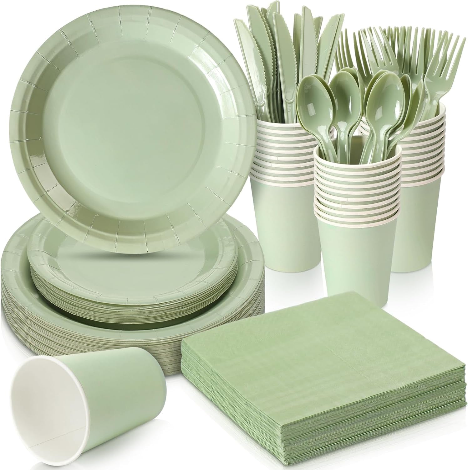 350 Pcs Bridal Shower Decorations Baby Shower Party Supplies Include Plates Cups and Napkins Sets with Plastic Forks Knives Spoons for Wedding Birthday (Sage)
