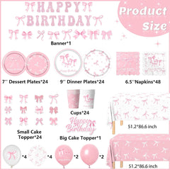 Pink Bow Birthday Party Supplies Serve 24, Coquette Birthday Decorations Include Bow Plates Napkins Cups Banner Tablecloth Cake Topper Balloons Bow Theme Tableware for Girls Bachelorette Decor
