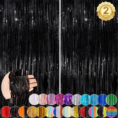 Black Fringe Curtain Party Streamers 2Pack 3.3X8.3 Ft Foil Fringe Backdrop Curtains for Birthday Wedding Bridal Baby Shower Halloween Decor Tinsel Streamers Black Party Decorations Door Streamers