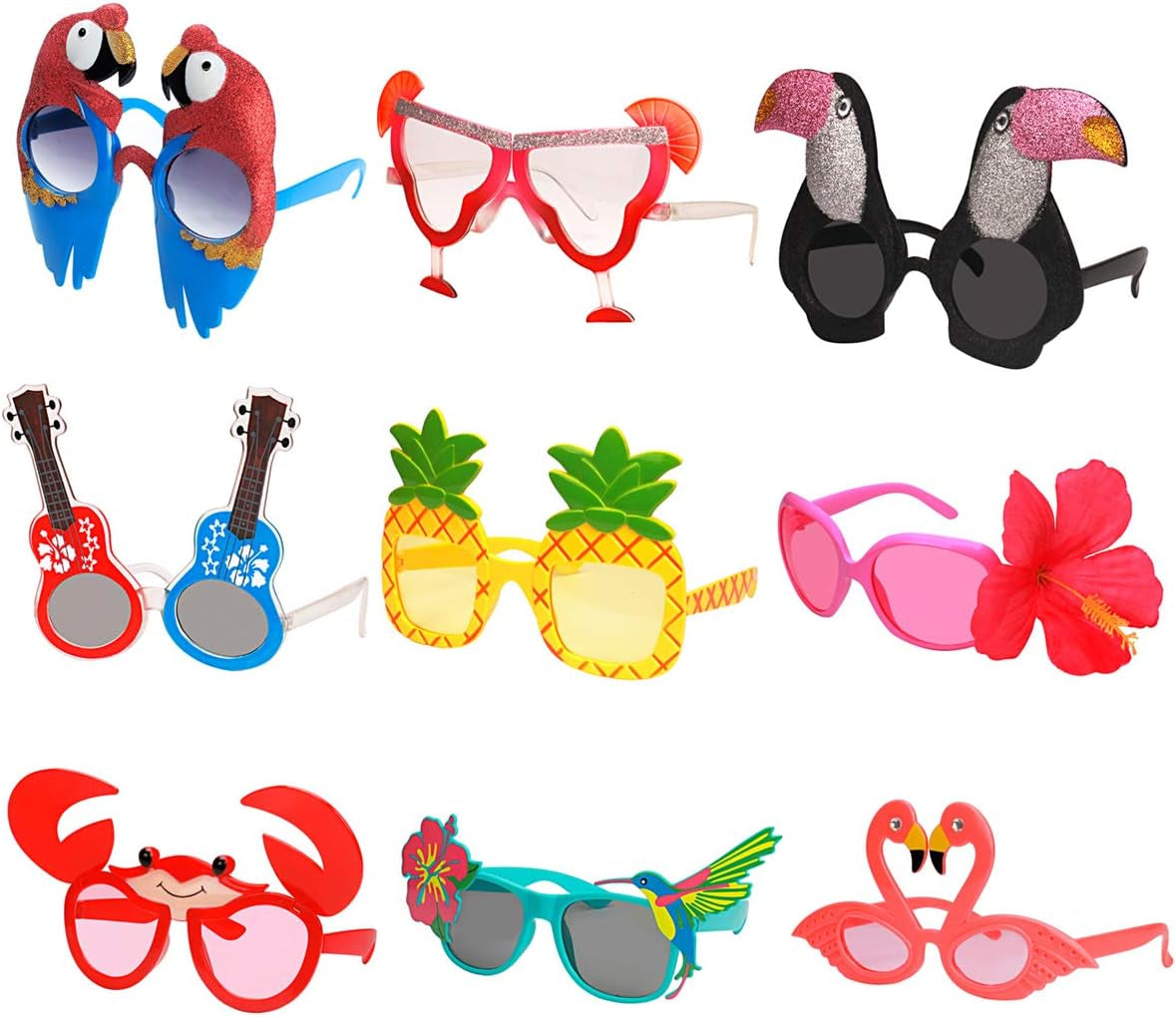 Luau Party Sunglasses - Set of 9 Pairs of Humorous Hawaiian Glasses, Tropical Costume Accessories, Fun Summer Kids' Party Favors, Beach-Themed Party Decoration Supplies