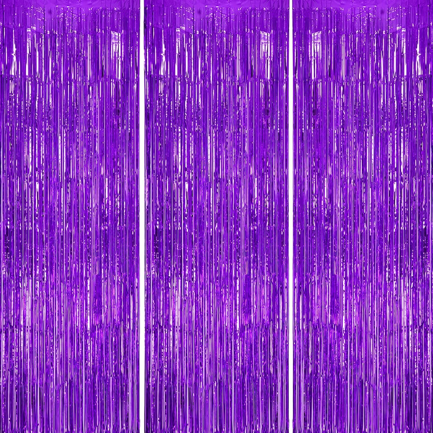 3 Pack Foil Fringe Backdrop - Purple Shiny Tinsel Curtains for Party Decoration/Photo Booth Props - 3.3X8.2 FT Metallic Foil Backdrop for Birthday, Wedding, Graduation, Christmas.
