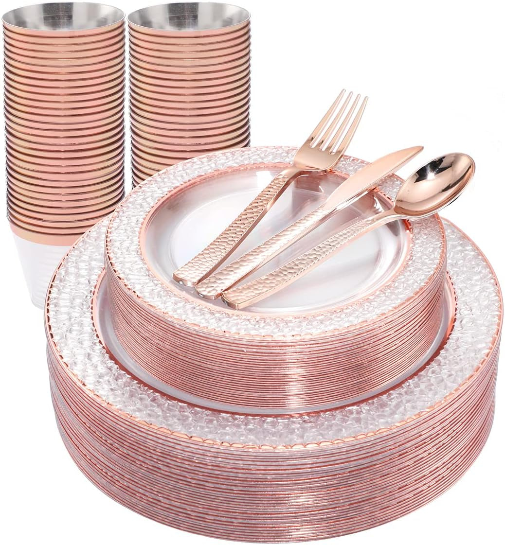 150PCS Rose Gold Plastic Plates – Disposable Plates with Rose Gold Plastic Silverware Include 50Plates, 25Forks, 25Knives, 25Spoons, 25Cups for Wedding & Party