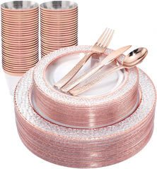 150PCS Rose Gold Plastic Plates – Disposable Plates with Rose Gold Plastic Silverware Include 50Plates, 25Forks, 25Knives, 25Spoons, 25Cups for Wedding & Party