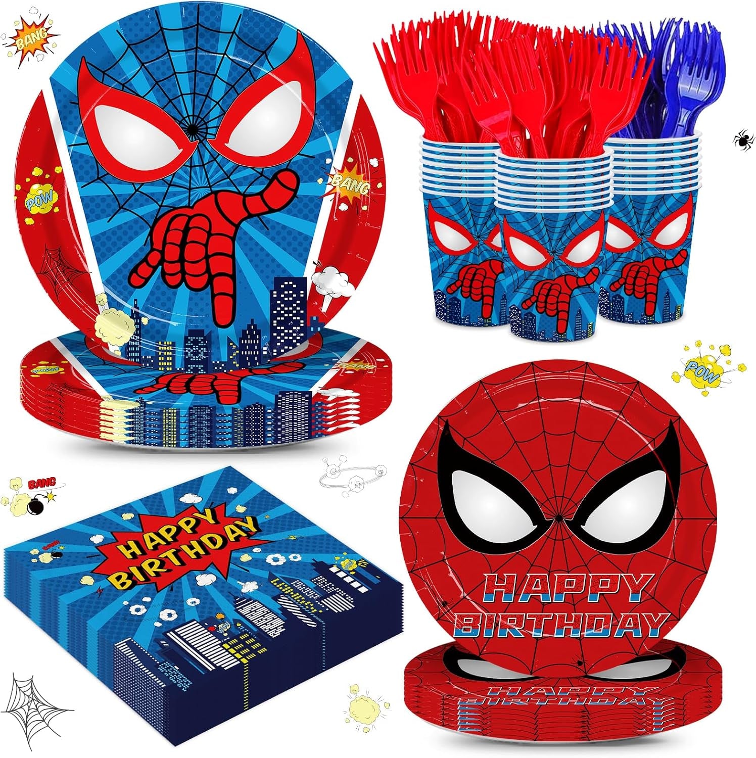 120Pcs Birthday Party Supplies Kids Paper Plates Napkins Cup Red Blue Forks Boys Birthday Party Decorations Disposable Tableware Set Serve 24 Guests