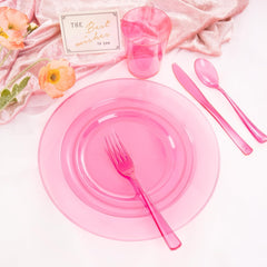 25 Guest Pink Plates with Pink Plastic Silverware&Pink Cups-Neon Clear Disposable Dinnerware Include 50 Plates,25Forks, 25 Knives, 25 Spoons,25 Plastic Cups for Party and Baby Shower