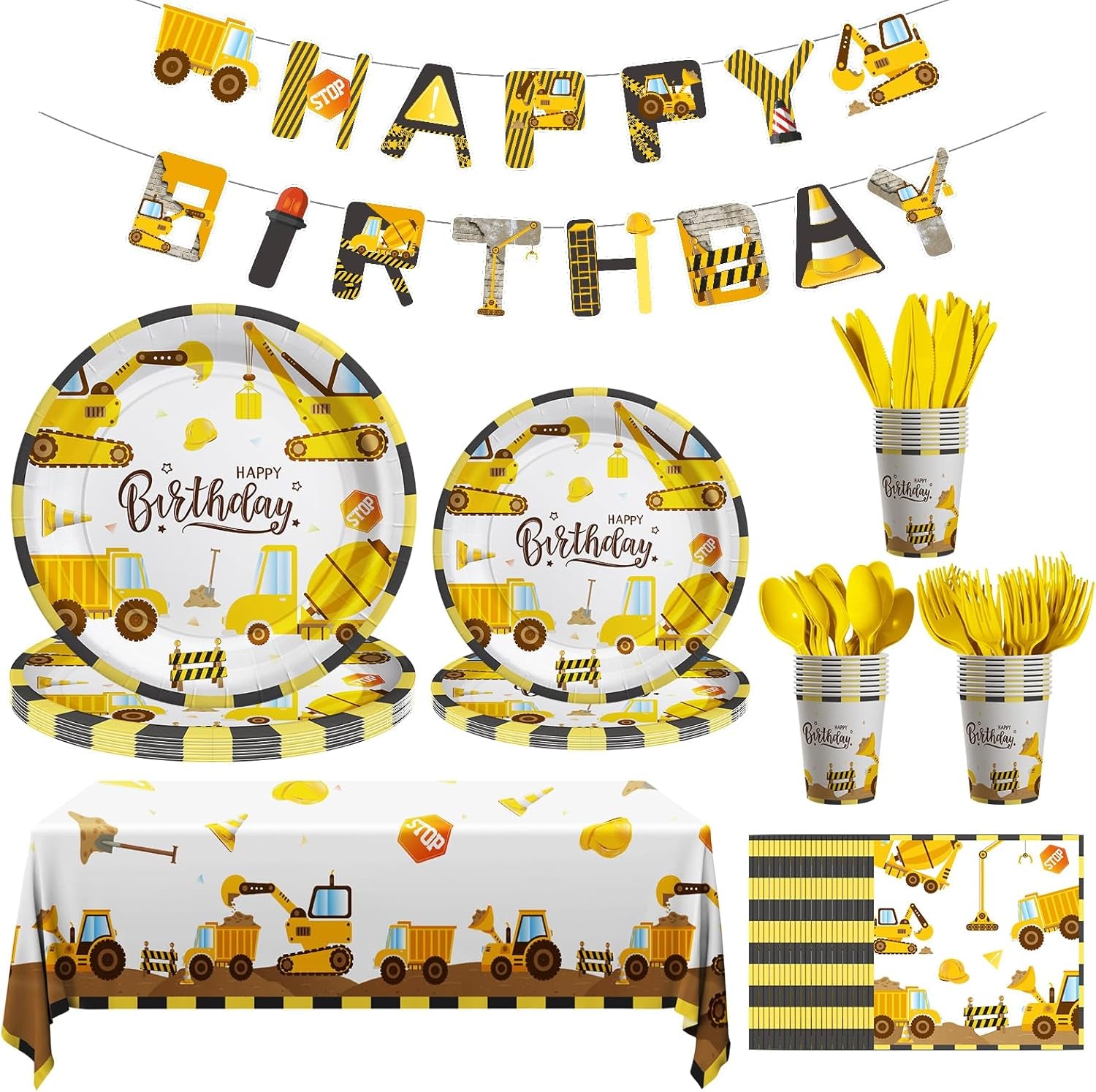 Construction Birthday Decorations, 170 Pcs Construction Birthday Party Supplies Including Banner, Plates, Cups, Napkins, Cutlery and Tablecloths, Serves 24