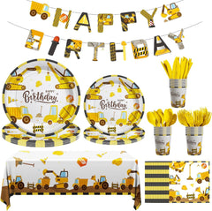 Construction Birthday Decorations, 170 Pcs Construction Birthday Party Supplies Including Banner, Plates, Cups, Napkins, Cutlery and Tablecloths, Serves 24