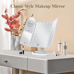 Makeup Mirror Vanity Mirror with Lights, 2X, 3X, 10X Magnification, Touch Control, Trifold, White, 9.4"L X 13.4"W, Modern Style, Dresser Mount, Bathroom
