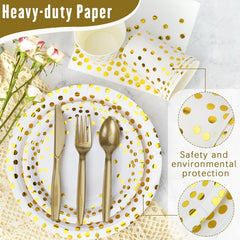 Party Supplies Set - 210 Pieces of White and Gold Dot Paper Plates, Cups, Napkins, and Heavy Duty Silverware for 30 Guests for Birthdays, Graduation, Wedding, Festivals