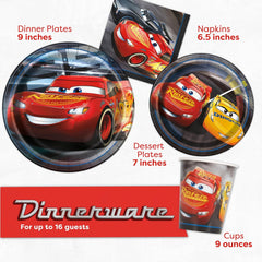 Disney Cars Birthday Decorations | Serves 16 Guests | Lightning Mcqueen Birthday Decorations Tablecloth, Banner, Plates, Napkins, Button | Officially Licensed