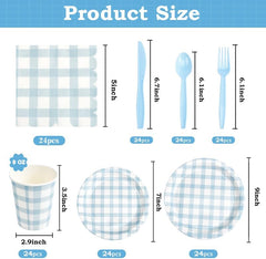 168Pcs Gingham Party Supplies for 24 Guests Thick Paper Plates and Napkins Knives Spoons Forks Cups Disposable Party Set Cutlery for Dinner Baby Shower Wedding Favor(Blue)