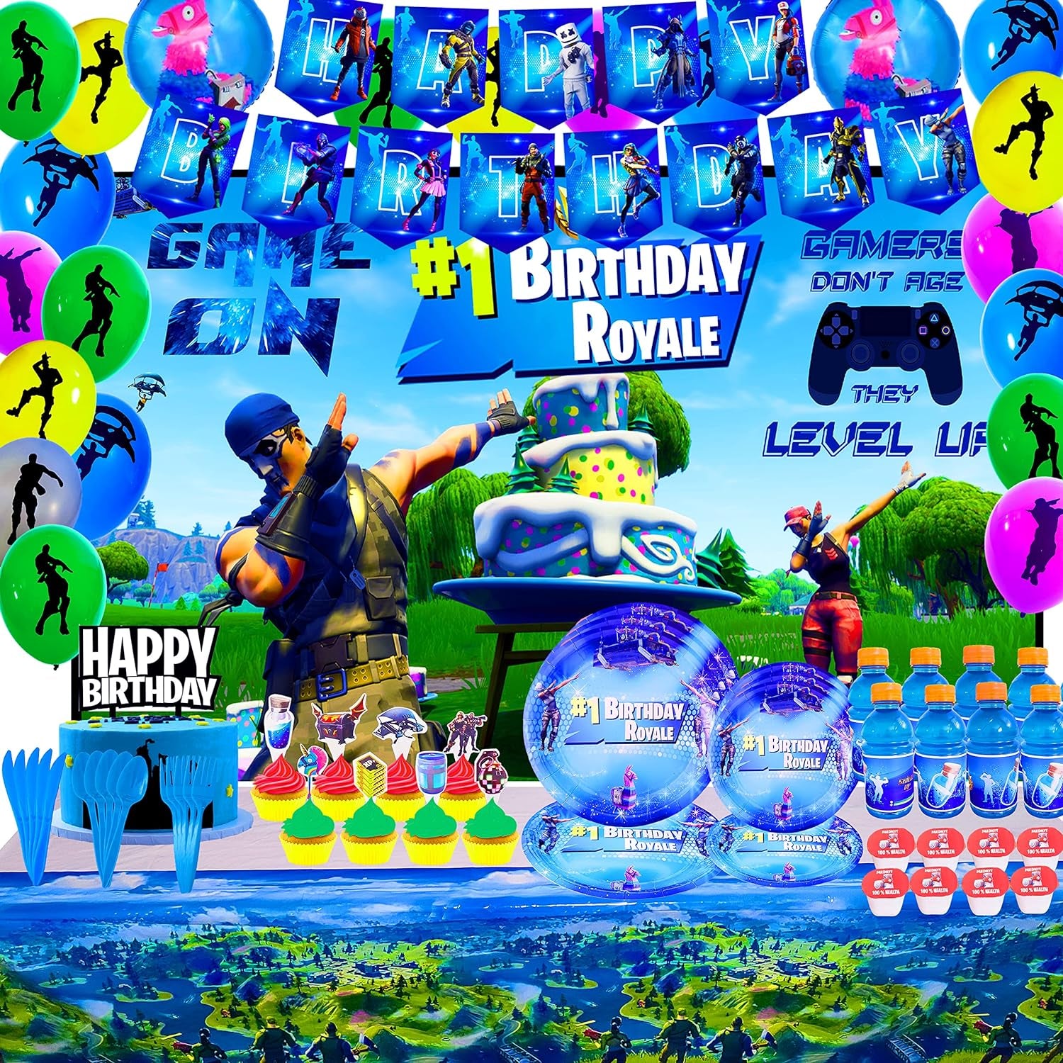 Gaming Party Supplies Birthday Decoration Set 142 Pack - Balloons, Toppers, Bottle Stickers Labels, Stickers, Wall Poster, Banner Video Game Themed & More