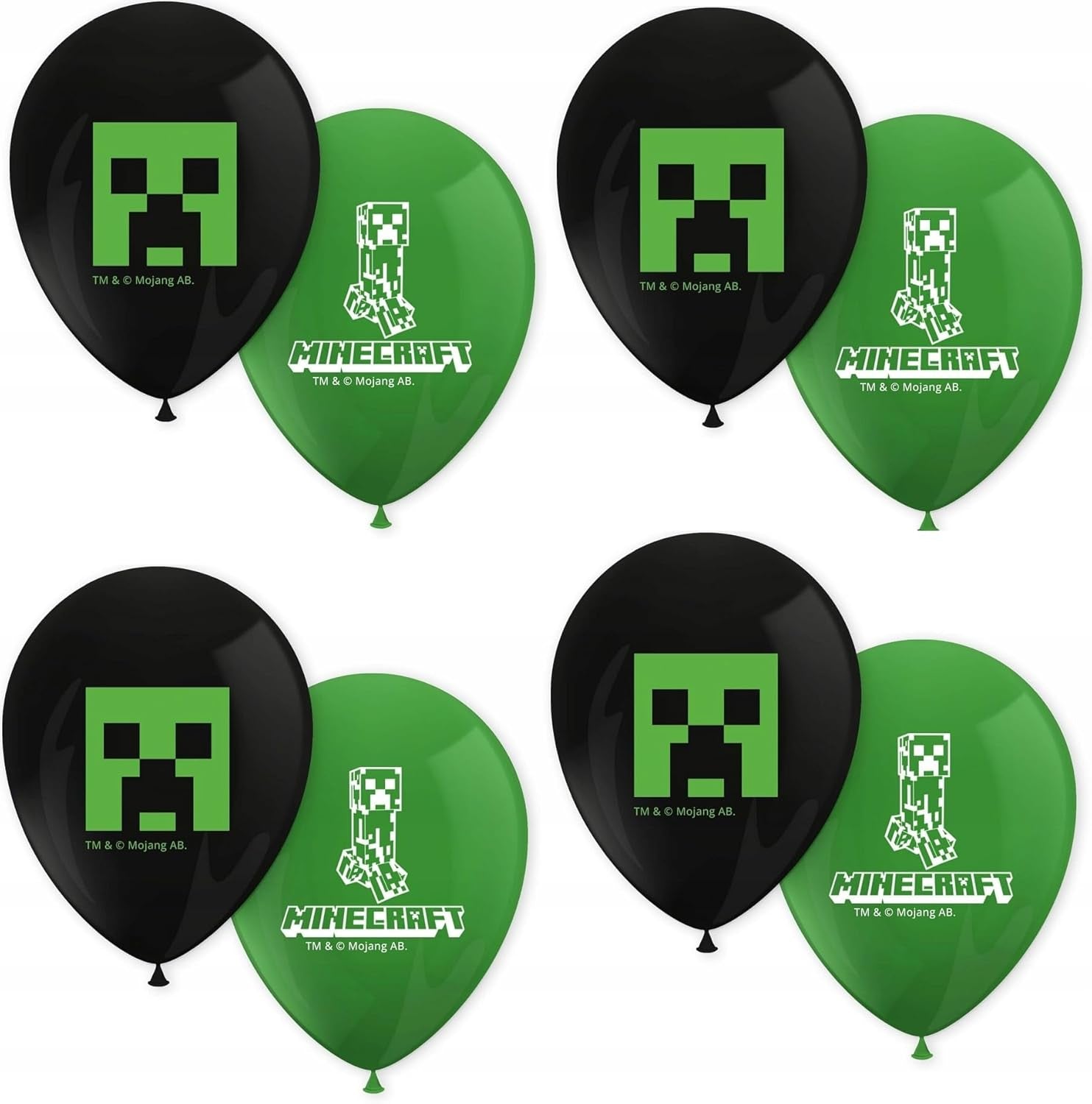 Minecraft Pack of 8 Party Balloons Diameter 21 Cm, Printed, Green, Black, Latex Balloons, Birthday, Decoration