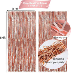 Rose Gold Birthday Party Decorations, Happy Birthday Banner, Rose Gold Fringe Curtain, Heart Star Foil Confetti Balloons, Hanging Swirls for Women Girls Birthdays Princess Party