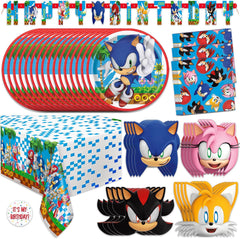 Sonic Birthday Party Decorations for 16 | Banner, Tablecloth, Plates and Napkins, Masks, Sticker | Sonic Party Decorations | Officially Licensed