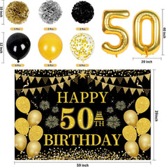 50Th Birthday Decorations for Men Women, 46 Pcs Black Gold Happy 50 Year Old Party Supplies 1975 Birthday Gifts Banner Backdrop Balloon Cake Topper Honeycomb Centerpiece Hanging Swirls Set