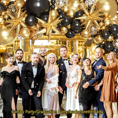 Black and Gold Balloons Garland Arch Kit,Black Gold Confetti Star Balloons for 2025 Graduation Class Decorations Birthday Party Retirement Prom Masquerade Anniversary Decorations