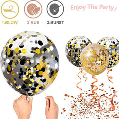 Black Gold Confetti Balloons 50 Pack - 12 Inch Gold White and Black Confetti Balloons with Ribbons for Graduation Birthday Wedding Party Decorations