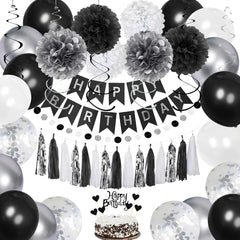 Birthday Decorations for Men, Black and Silver Happy Birthday Party Decorations, Black and White Party Supplies - Banner, Balloons, Tissue Pompoms, Swirls, Tassels Garland