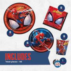 Spiderman Birthday Party Supplies Set - Serves 16 Guests | Spiderman Party Supplies Pack with Dinner Plates, Cake Plates, Cups, Napkins and Button