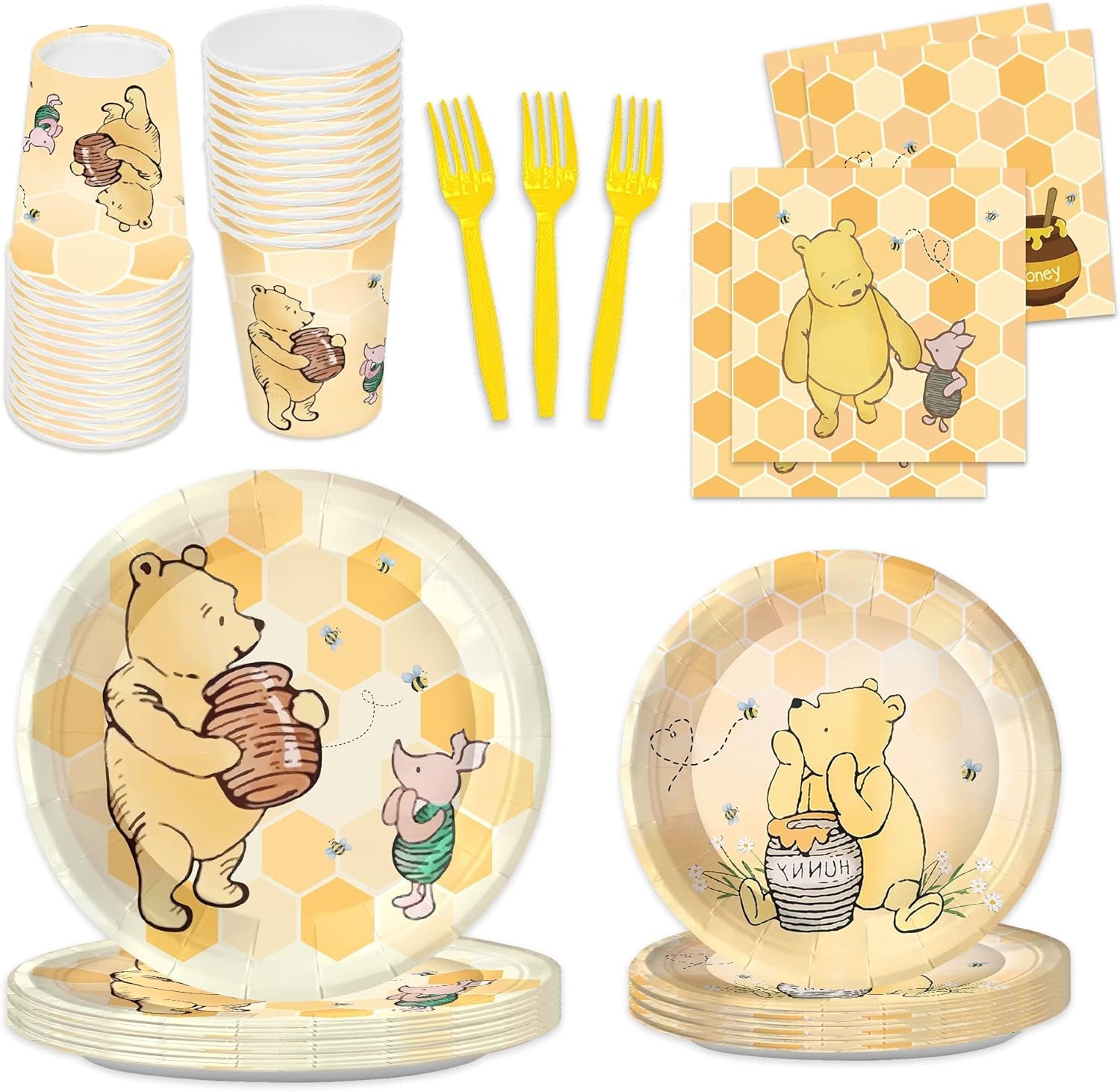 120Pcs Classic Winnie Bear Birthday Party Supplies - Plates, Napkins, Cups - Gender Neutral Baby Decoration - Serves 24 Guests