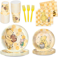 120Pcs Classic Winnie Bear Birthday Party Supplies - Plates, Napkins, Cups - Gender Neutral Baby Decoration - Serves 24 Guests