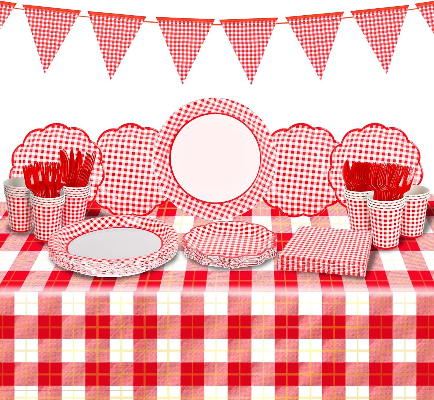 Gingham Red and White Party Supplies Disposable Paper Plates Napkins Cups Knives Spoons Forks Tablecloth Banner for Birthday Party Family Dinner Picnic Barbecue Mother'S Day Party, Serve 25