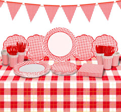 Gingham Red and White Party Supplies Disposable Paper Plates Napkins Cups Knives Spoons Forks Tablecloth Banner for Birthday Party Family Dinner Picnic Barbecue Mother'S Day Party, Serve 25