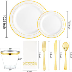 350PCS Gold Plastic Dinnerware Set - Gold Disposable Dinnerware for 50 Guests, Includes 50 Dinner Plates, 50 Dessert Plates, 50 Forks, 50 Knives, 50 Spoons, 50 Cups & 50 Napkins for Party