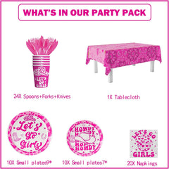 194 Pcs Cowgirl Party Decorations, Let'S Go Girls Decorations Cowgirl Theme Birthday Party Supplies Includes Cowgirl Paper Plates Napkins Cups Plastic Forks Knifes Spoons Paper Straws and Tablecloths Serve 24 Guests
