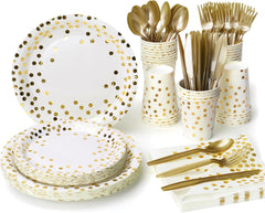 Party Supplies Set - 210 Pieces of White and Gold Dot Paper Plates, Cups, Napkins, and Heavy Duty Silverware for 30 Guests for Birthdays, Graduation, Wedding, Festivals