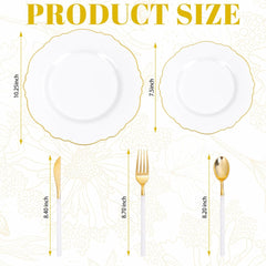 30-Guest Gold Plastic Plates - Elegant Baroque Design - 10.25" & 7.5" Disposable Wedding Plates in White and Gold for Events, Weddings, and Father's Day Celebrations