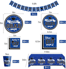 Graduation Decorations 2025 Blue, 2025 Graduation Party Decorations for 50 Guests, Disposable Tableware Set, Plates, Cups, Tablecloth with Congrats Grad Hanging Decor