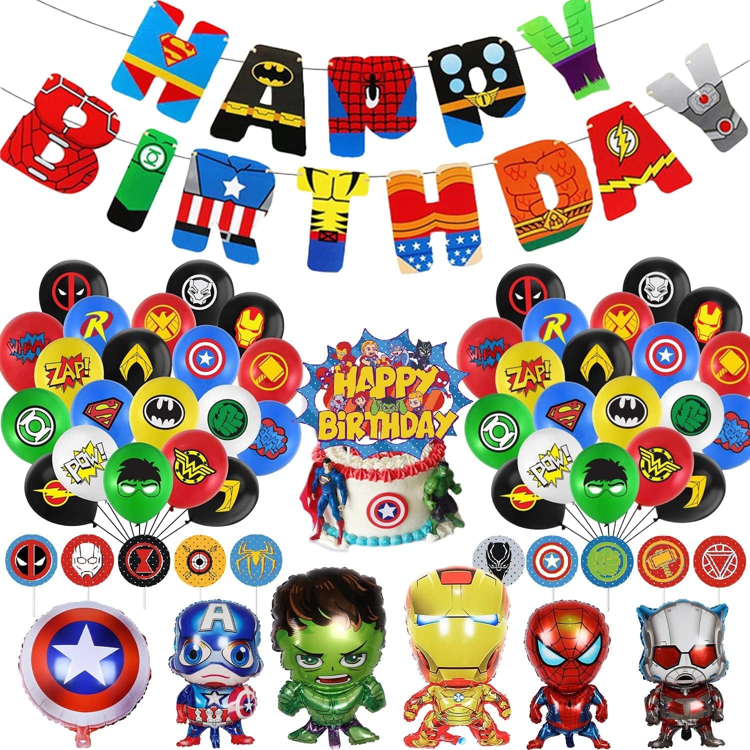 Avengers Birthday Decoration,Superhero Birthday Party Supplies,Marvel Birthday Banner,Superhero Balloons,Spiderman Toppers Cake Toppers,6 Pcs Avengers Large Foil Balloons for Kid'S Boy Girls
