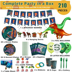 Dinosaur Birthday Party Supplies Kit for Boys, Dinosaur Party Decorations-20 Guest-Include Dino Plates Cups Napkins Banner Cutlery Balloon Tablecloth Straws Toppers