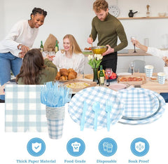168Pcs Gingham Party Supplies for 24 Guests Thick Paper Plates and Napkins Knives Spoons Forks Cups Disposable Party Set Cutlery for Dinner Baby Shower Wedding Favor(Blue)