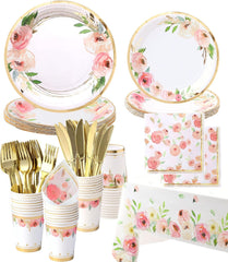 Floral Paper Plates and Napkins Party Supplies - Serves 16 - Flower Plates Floral Cups Knifes Forks Baby Shower Decorations for Girl Pink and Gold Bridal Shower Tea Party Birthday