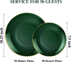 100-Piece Green and Gold Plastic Plate Set for Parties and Weddings, Featuring 50 Dinner Plates and 50 Dessert Plates for 50 Guests